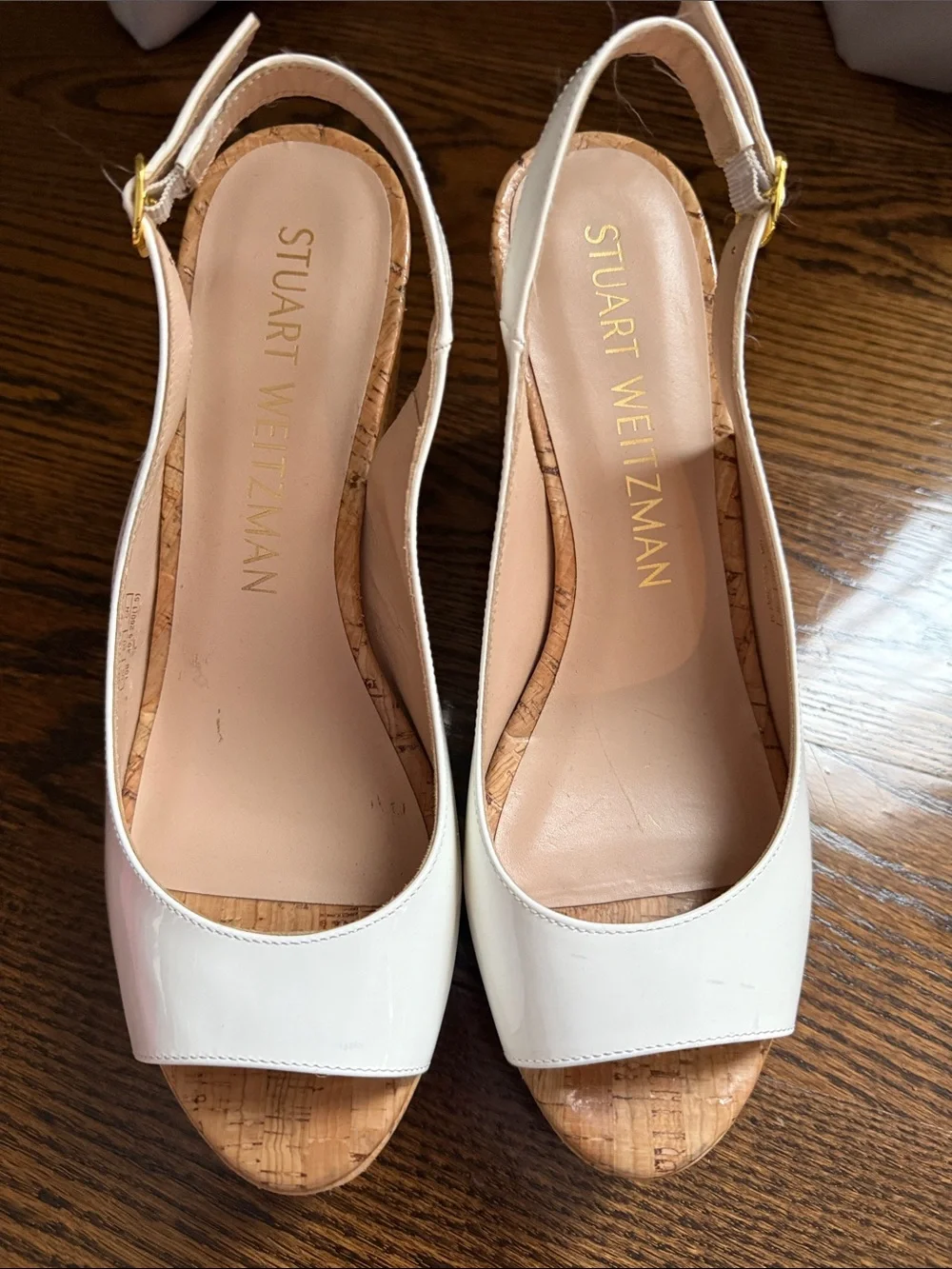 Stuart Weitzman White Patent Cork Wedge Slingbacks - Picture 3 of 5